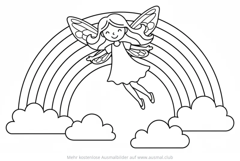Fee fliegt vor Regenbogen und Wolken Ausmalbild