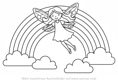 Fee fliegt vor Regenbogen und Wolken Ausmalbild