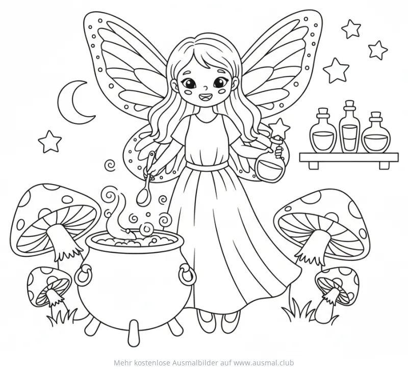 Fee braut Zaubertrank im Kessel Ausmalbild