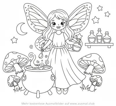 Fee braut Zaubertrank im Kessel Ausmalbild