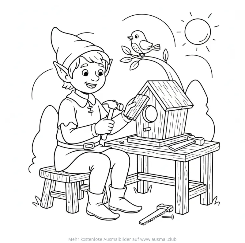Elf baut Vogelhaus Ausmalbild