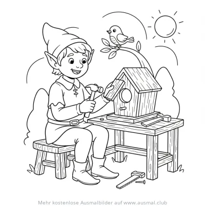 Elf baut Vogelhaus Ausmalbild