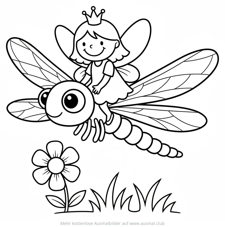 Fee mit Krone reitet auf Libelle Ausmalbild