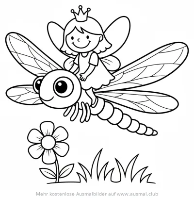 Fee mit Krone reitet auf Libelle Ausmalbild