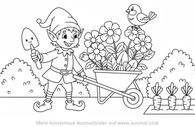 Garten-Elf mit Schubkarre voller Blumen und einem Vogel Ausmalbild