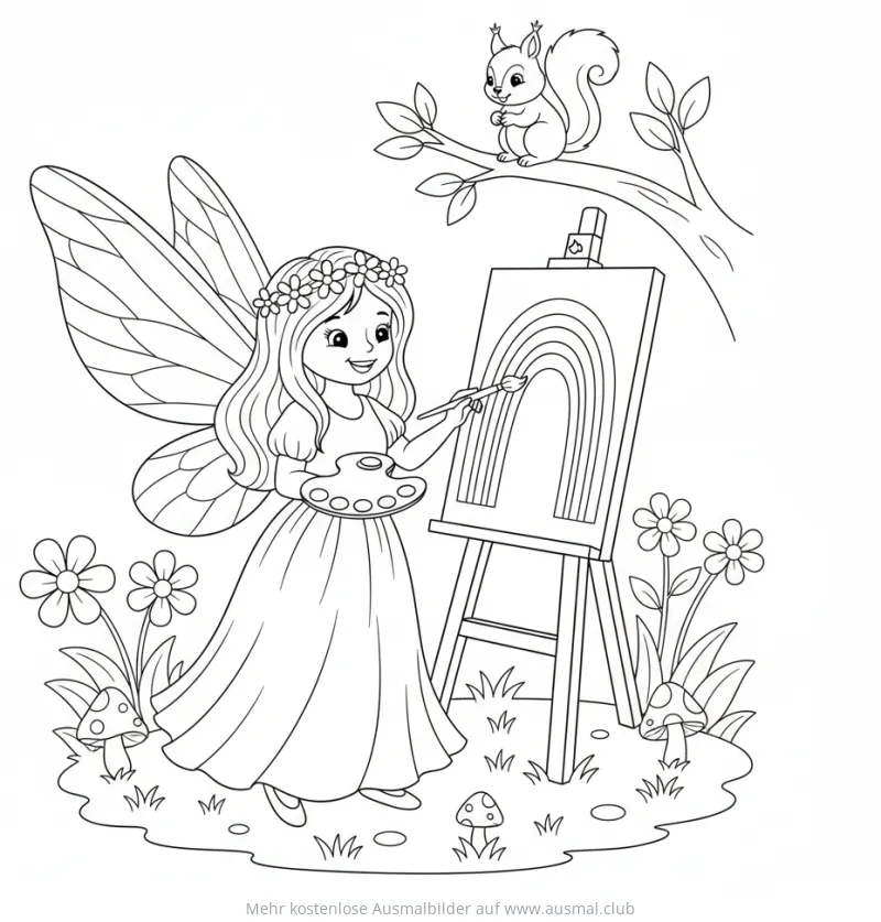 Fee malt Regenbogen auf Leinwand Ausmalbild