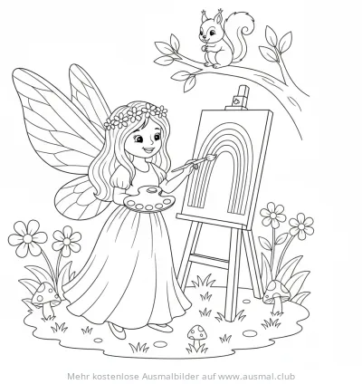 Fee malt Regenbogen auf Leinwand Ausmalbild