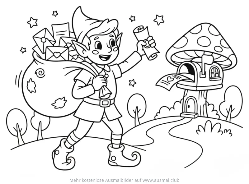 Elf mit Briefsack und Schriftrolle am Pilz-Briefkasten Ausmalbild