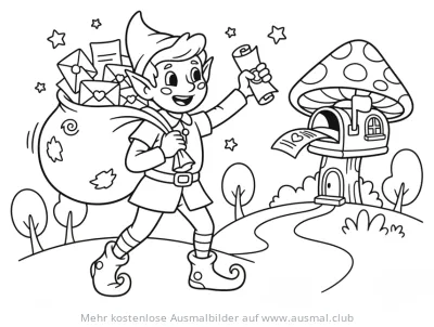 Elf mit Briefsack und Schriftrolle am Pilz-Briefkasten Ausmalbild