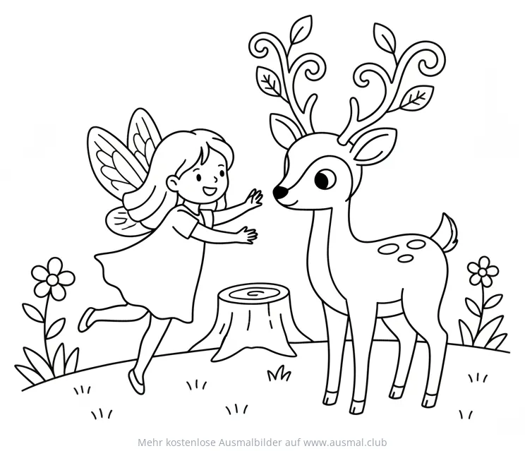 Fee und Reh Ausmalbild mit Blumen und Baumstumpf