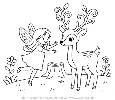 Fee und Reh Ausmalbild mit Blumen und Baumstumpf