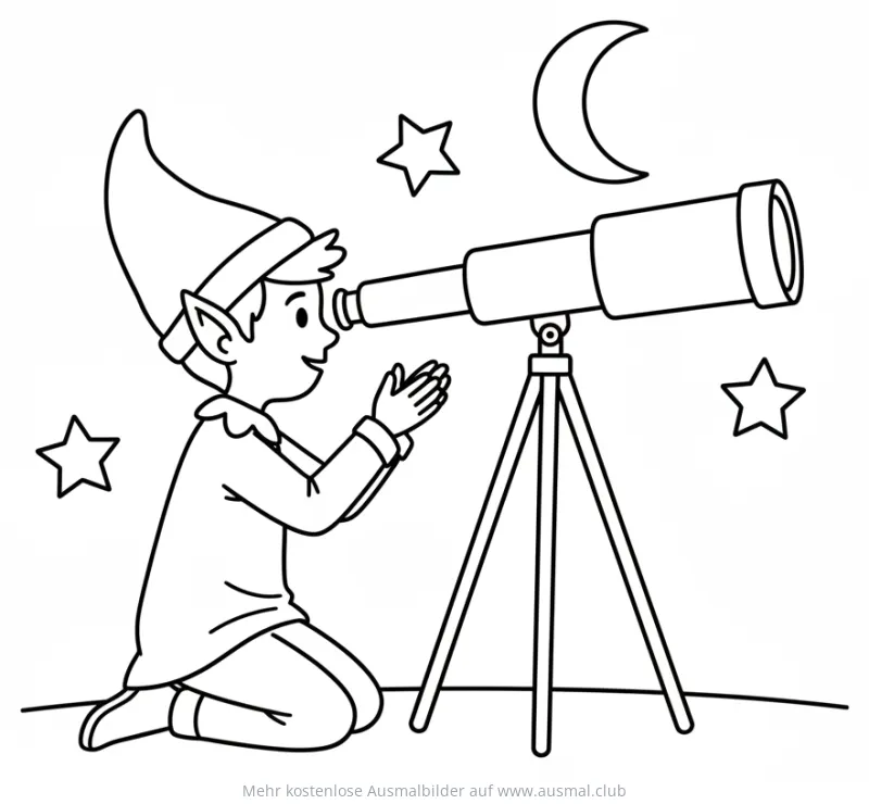 Elf mit Zipfelmütze schaut durch Teleskop Ausmalbild
