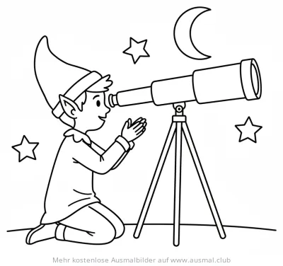 Elf mit Zipfelmütze schaut durch Teleskop Ausmalbild