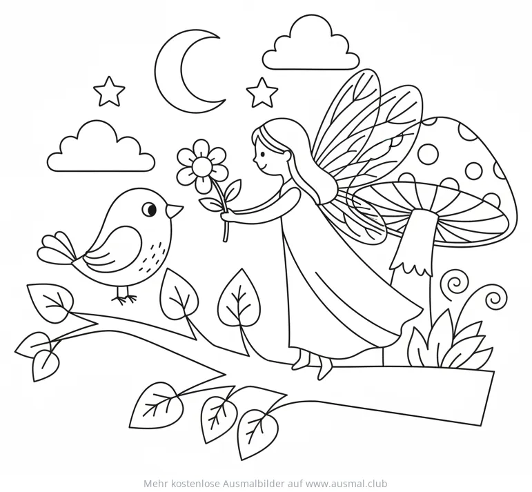 Fee mit Blume und Vogel auf Ast Ausmalbild