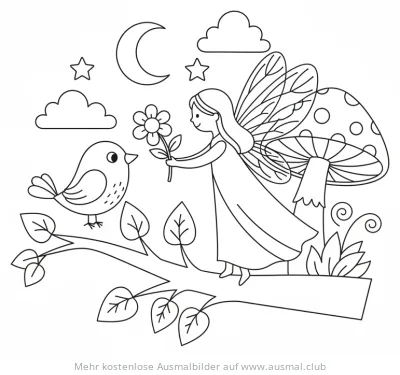 Fee mit Blume und Vogel auf Ast Ausmalbild