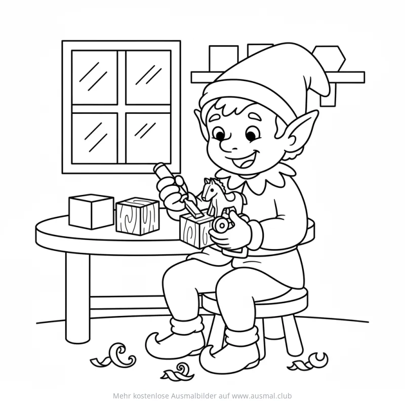 Elf schnitzt Holzpferd Ausmalbild