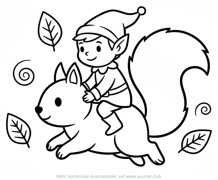 Elf reitet auf Eichhörnchen Ausmalbild mit Blättern