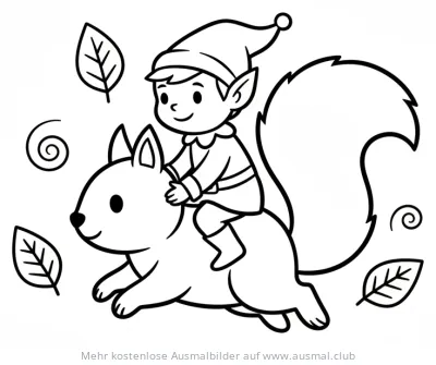 Elf reitet auf Eichhörnchen Ausmalbild mit Blättern