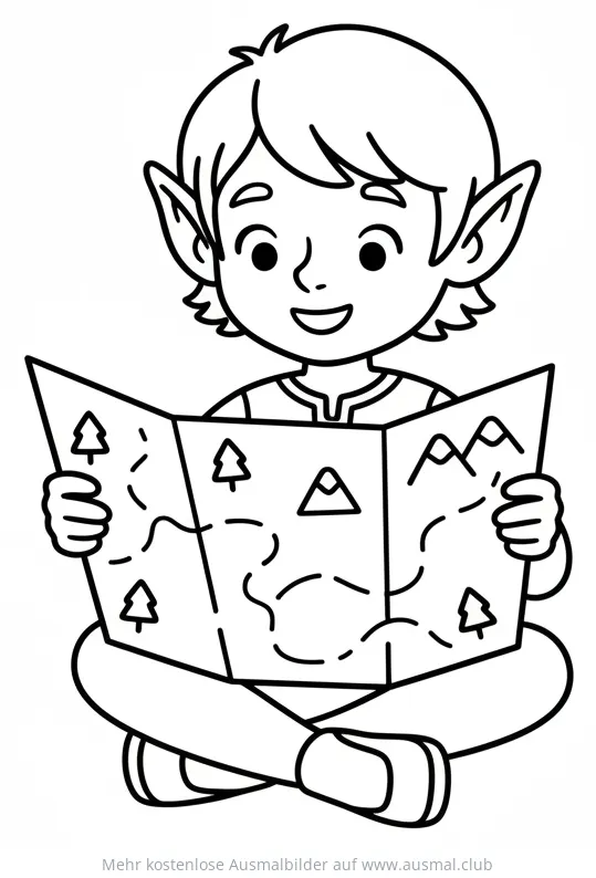 Elf sitzt mit gekreuzten Beinen und liest eine Karte Ausmalbild