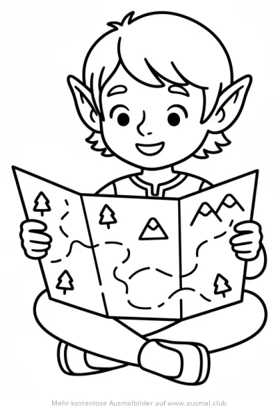 Elf sitzt mit gekreuzten Beinen und liest eine Karte Ausmalbild