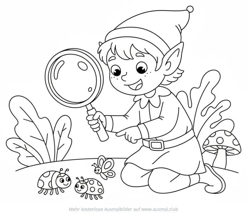 Elf mit Lupe und Insekten Ausmalbild