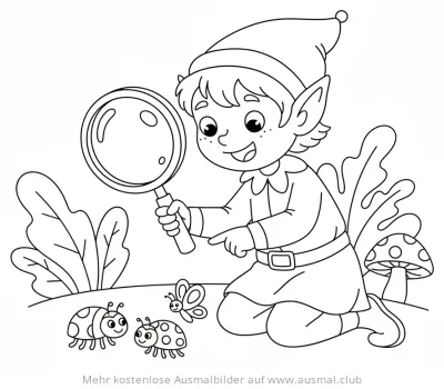 Elf mit Lupe und Insekten Ausmalbild
