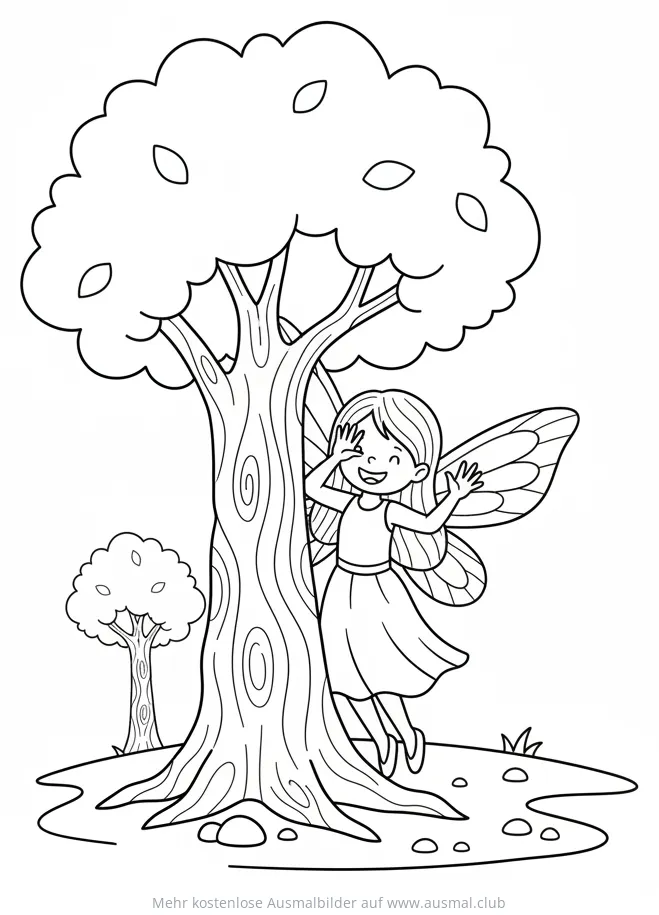 Fee versteckt sich hinter Baum Ausmalbild
