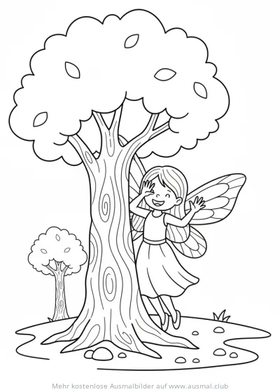 Fee versteckt sich hinter Baum Ausmalbild
