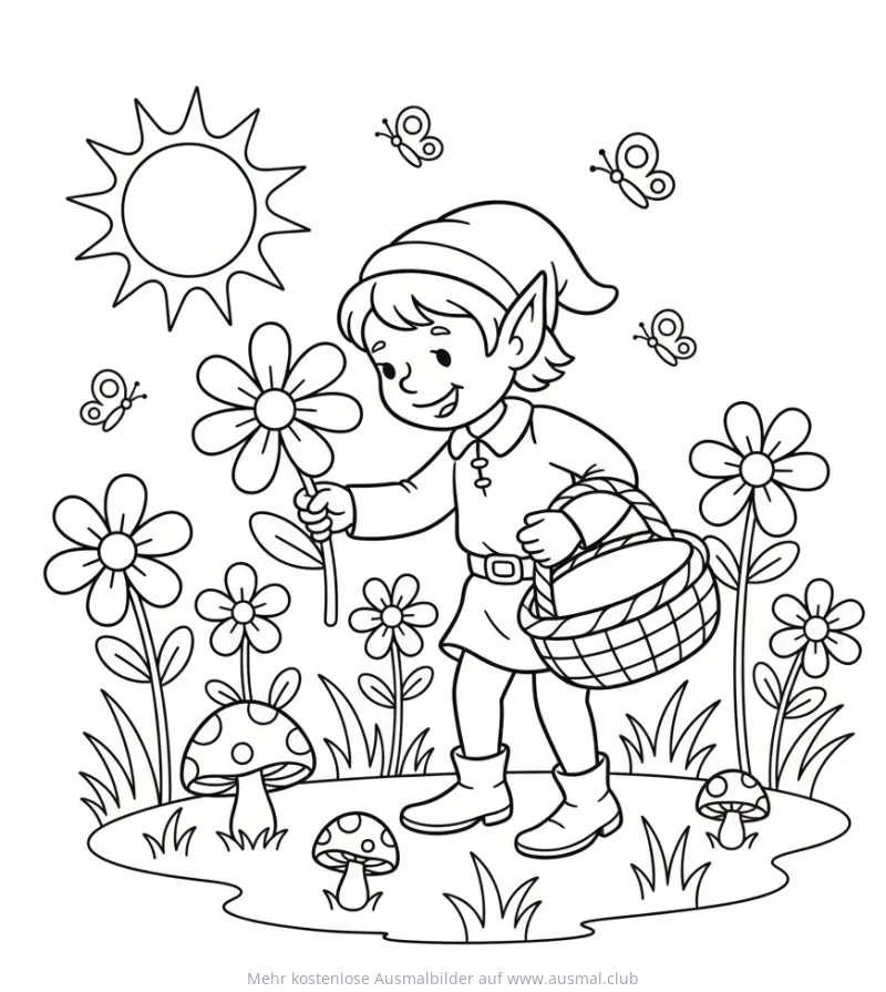 Elf mit Korb und Blume auf einer Blumenwiese Ausmalbild
