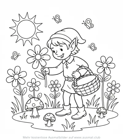 Elf mit Korb und Blume auf einer Blumenwiese Ausmalbild