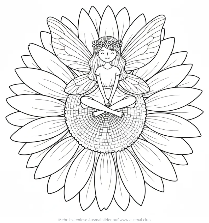 Fee mit Flügeln sitzt in Sonnenblume Ausmalbild