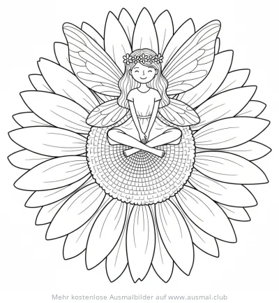 Fee mit Flügeln sitzt in Sonnenblume Ausmalbild