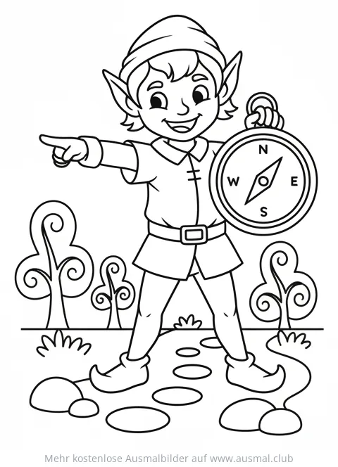 Elf mit Kompass Ausmalbild im Wald
