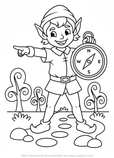 Elf mit Kompass Ausmalbild im Wald