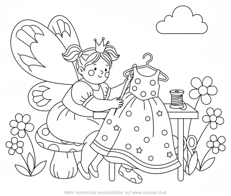 Fee näht ein Kleid Ausmalbild