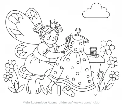 Fee näht ein Kleid Ausmalbild