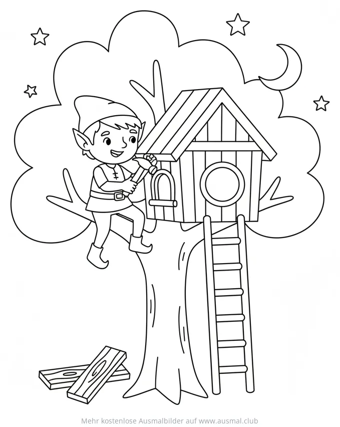 Elf baut Baumhaus Ausmalbild