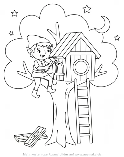 Elf baut Baumhaus Ausmalbild