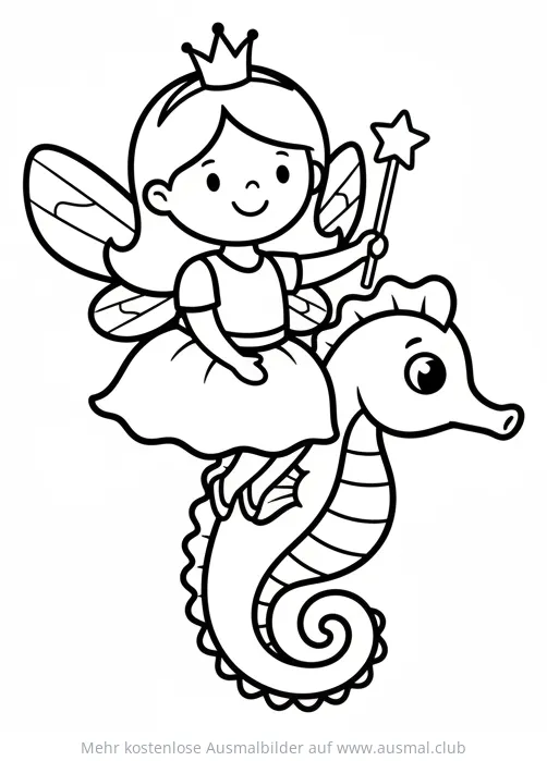 Fee reitet auf Seepferdchen Ausmalbild