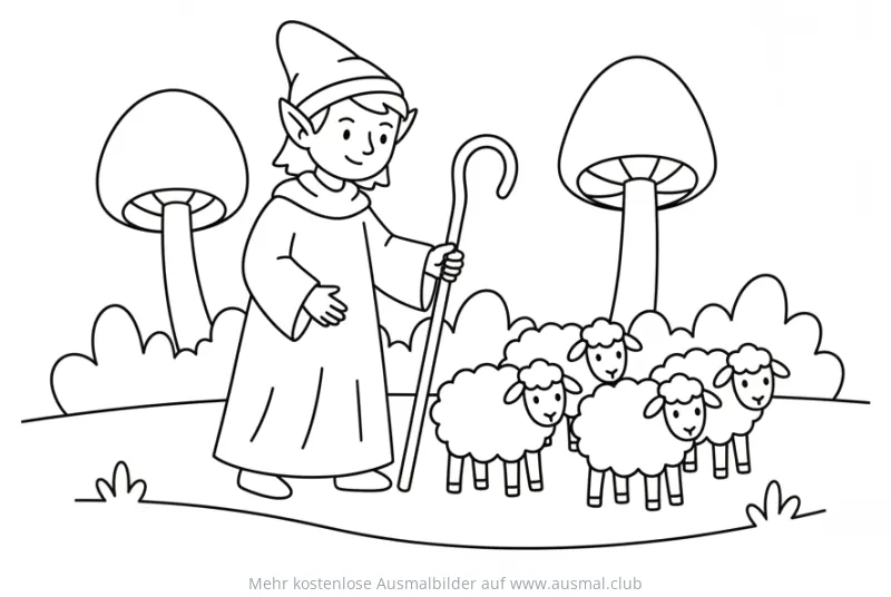 Freundlicher Elf mit Hirtenstab und Schafen Ausmalbild