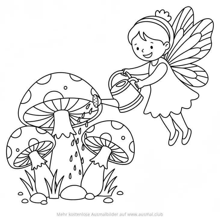 Fee gießt Pilze Ausmalbild