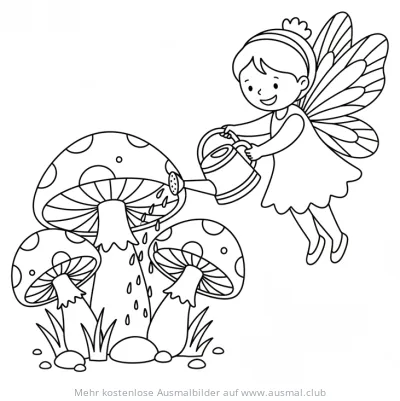 Fee gießt Pilze Ausmalbild