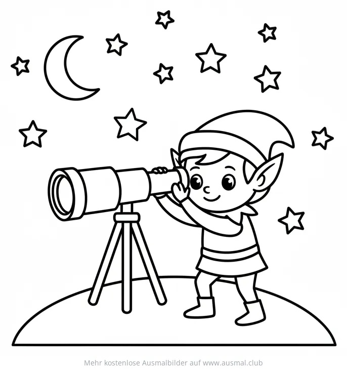 Elf beobachtet Sterne mit Teleskop Ausmalbild