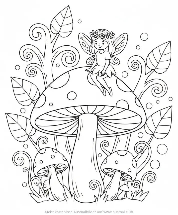 Fee sitzt auf großem Pilz Ausmalbild