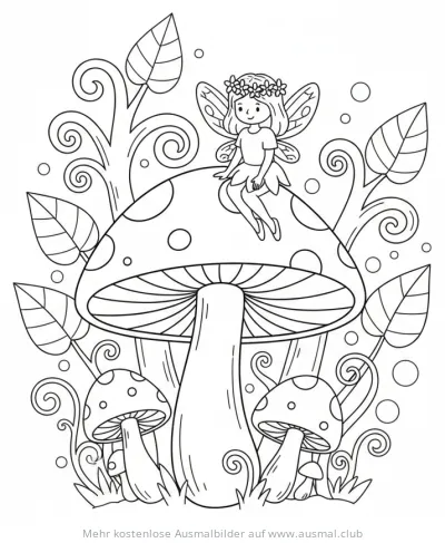 Fee sitzt auf großem Pilz Ausmalbild