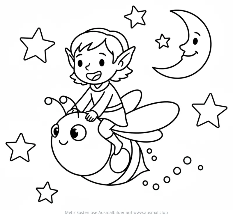 Fee reitet auf Glühwürmchen Ausmalbild