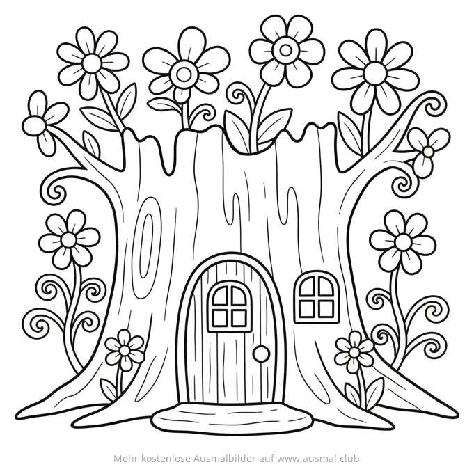 Feenhaus im Baumstumpf mit Blumen Ausmalbild