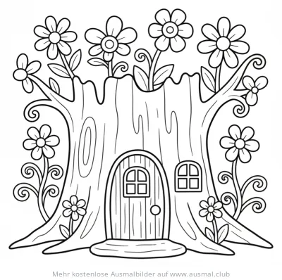 Feenhaus im Baumstumpf mit Blumen Ausmalbild