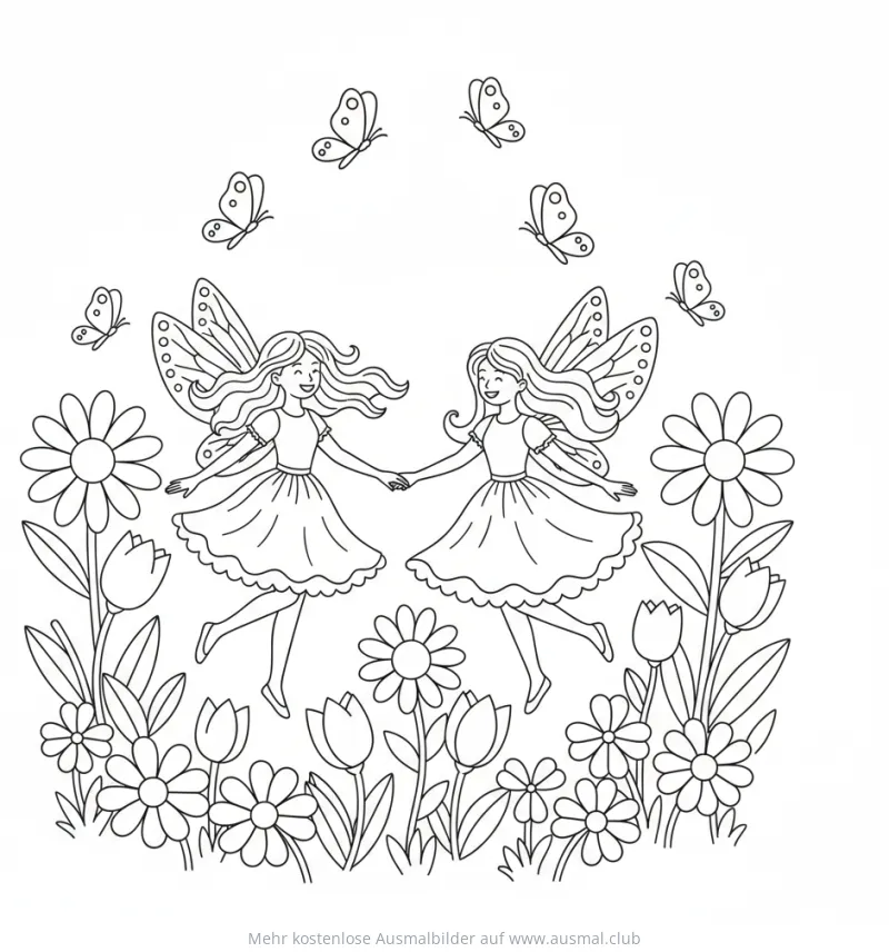 Tanzende Feen mit Schmetterlingen und Blumen Ausmalbild