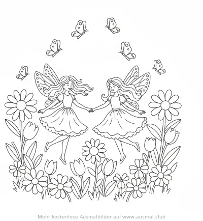 Tanzende Feen mit Schmetterlingen und Blumen Ausmalbild